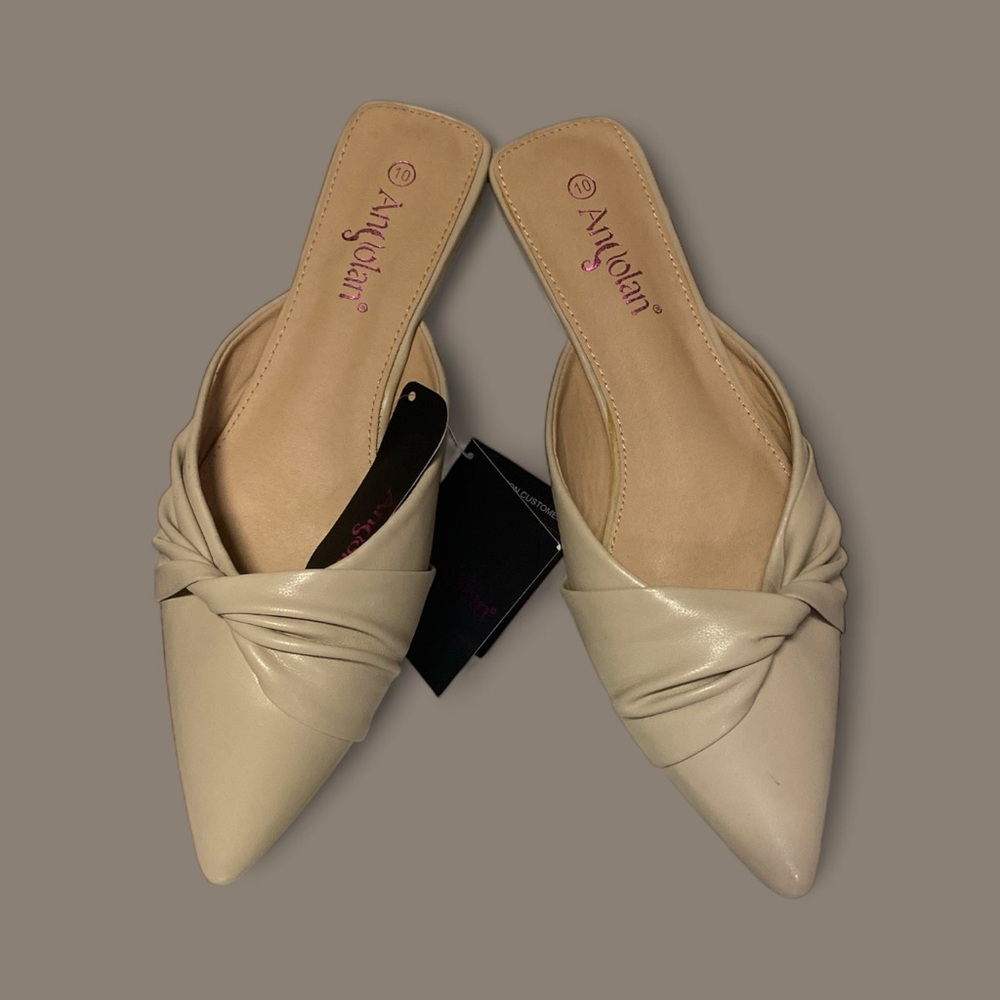 Women's Casual Fashion Cream Twist Mules Size 10 Pointed Toe Slide On Low Heel - Picture 2 of 10